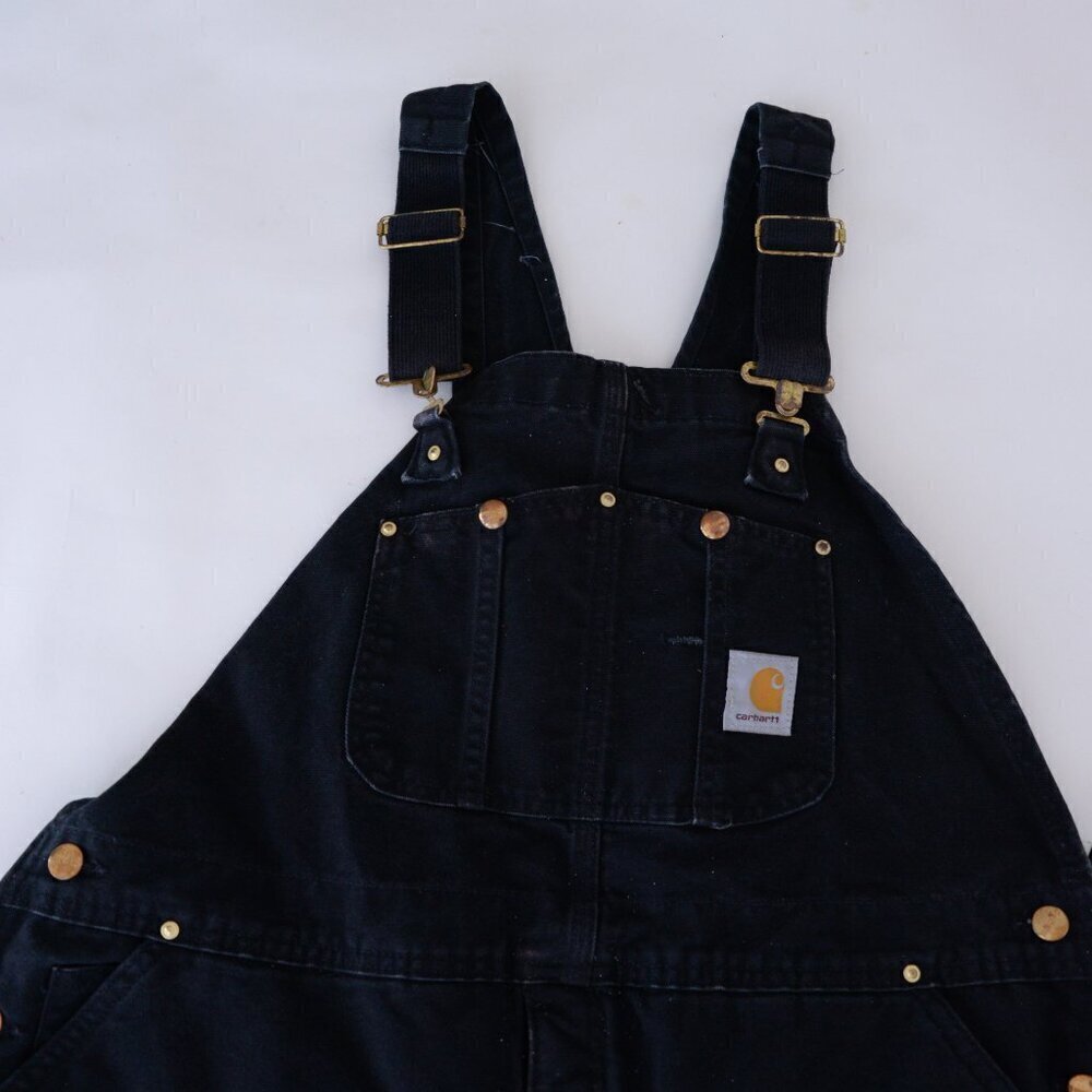 Vintage 80s Carhartt Black Distressed Red Quilt Lined Double Knee Overalls 44x30 - Picture 12 of 16